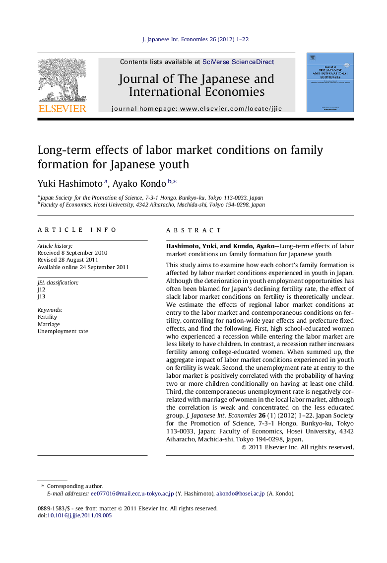 Long-term effects of labor market conditions on family formation for Japanese youth