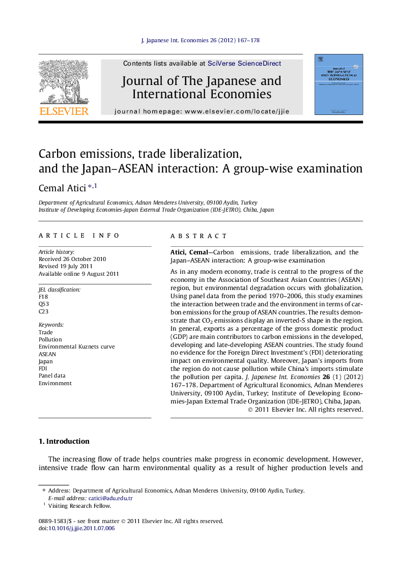 Carbon emissions, trade liberalization, and the Japan–ASEAN interaction: A group-wise examination