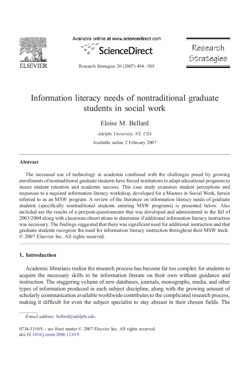Information literacy needs of nontraditional graduate students in social work