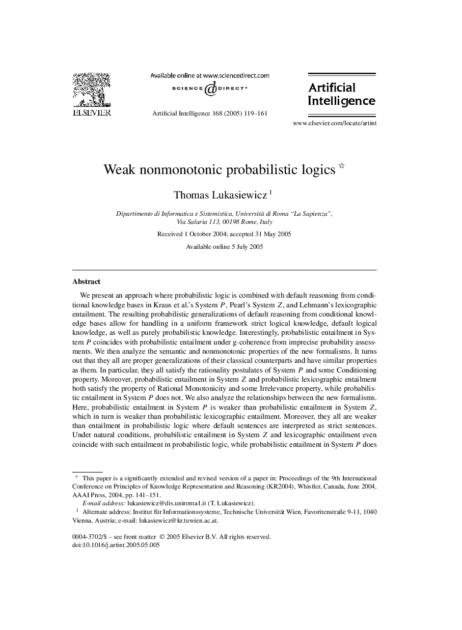 Weak nonmonotonic probabilistic logics