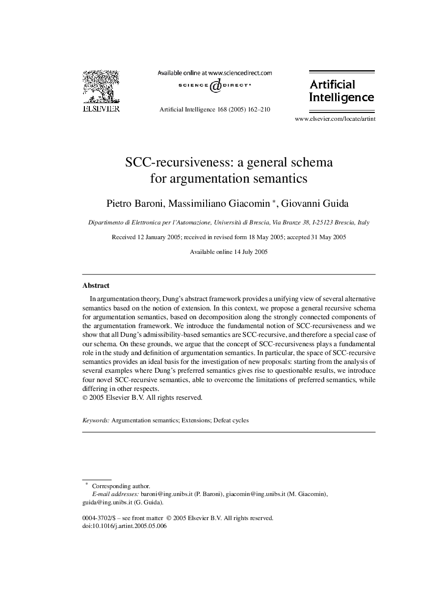 عکس صفحه اول مقاله: SCC-recursiveness: a general schema for argumentation semantics SCC-recursiveness: a general schema for argumentation semantics