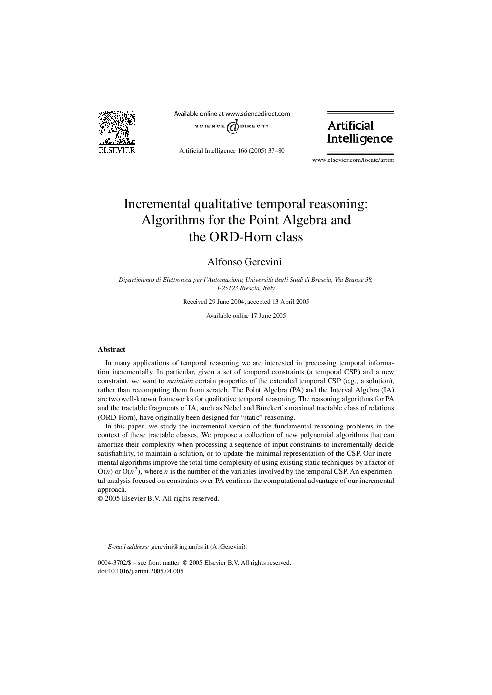 Incremental qualitative temporal reasoning: Algorithms for the Point Algebra and the ORD-Horn class