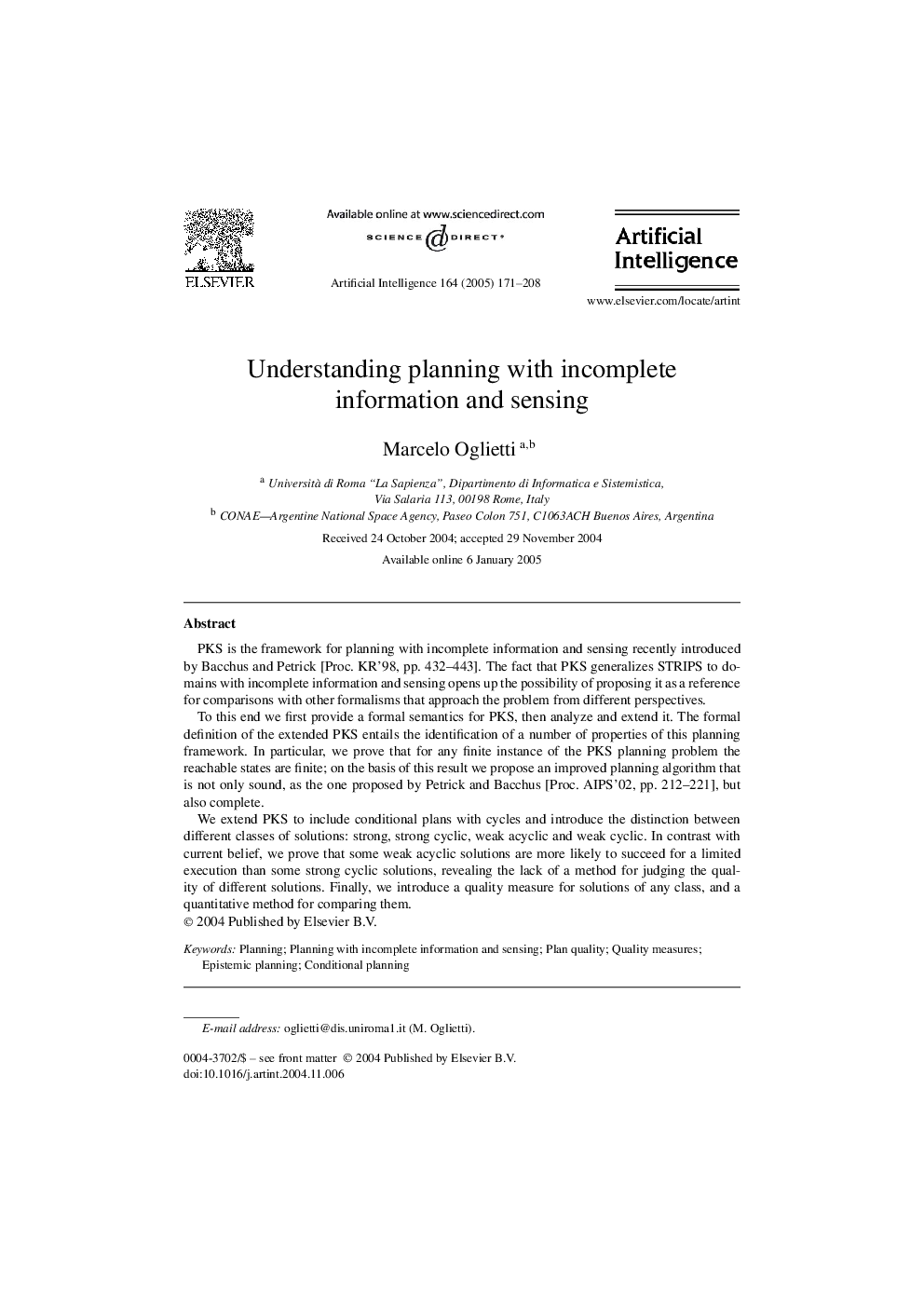 Understanding planning with incomplete information and sensing