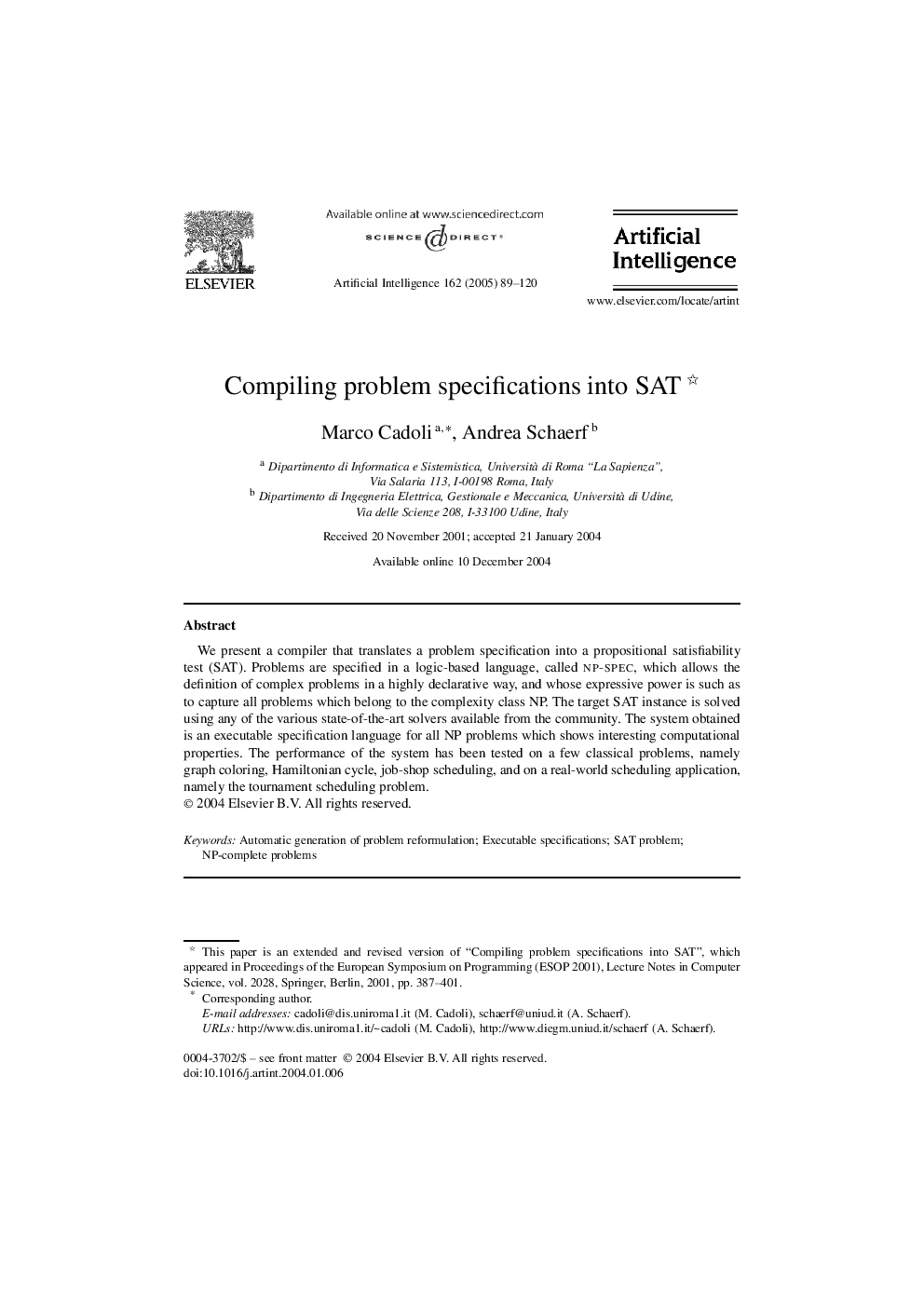 Compiling problem specifications into SAT