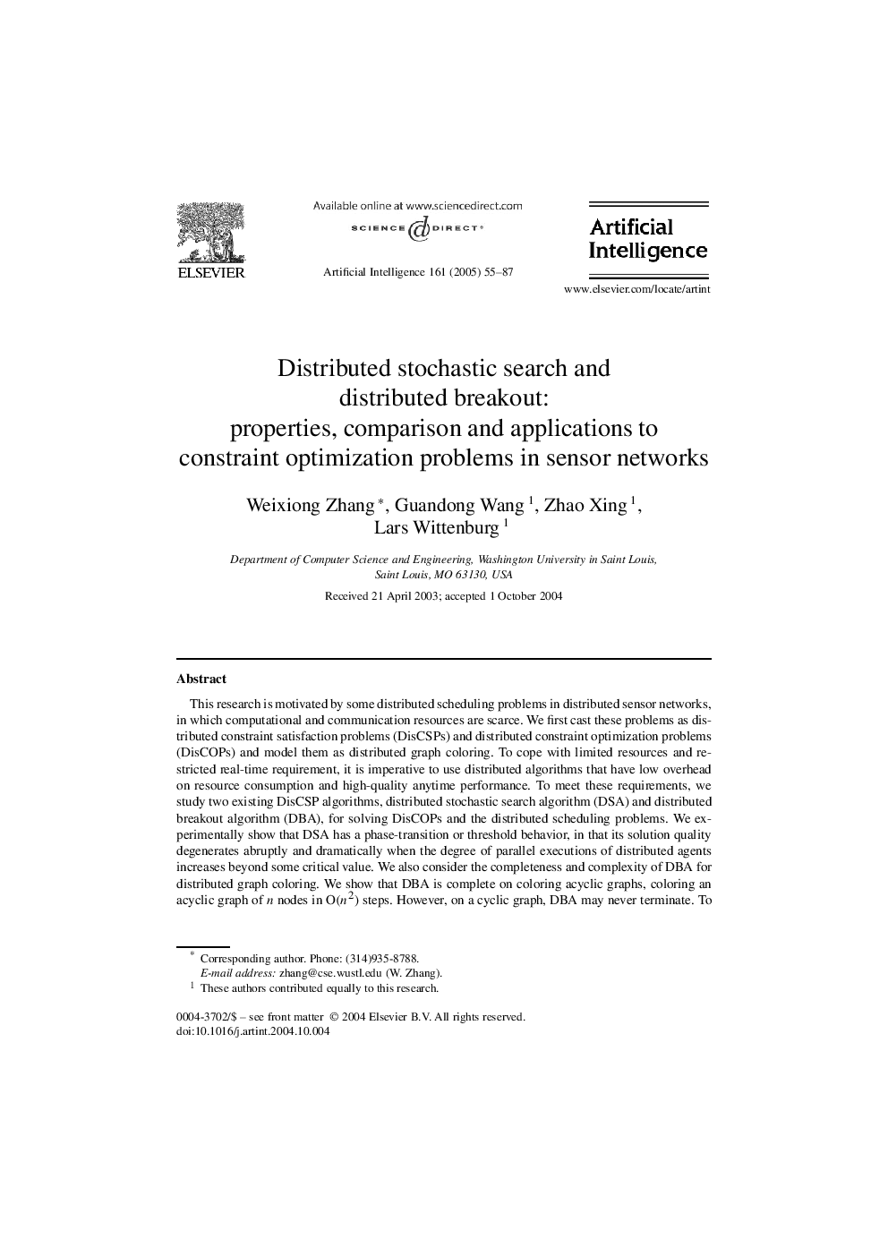 Distributed stochastic search and distributed breakout: properties, comparison and applications to constraint optimization problems in sensor networks