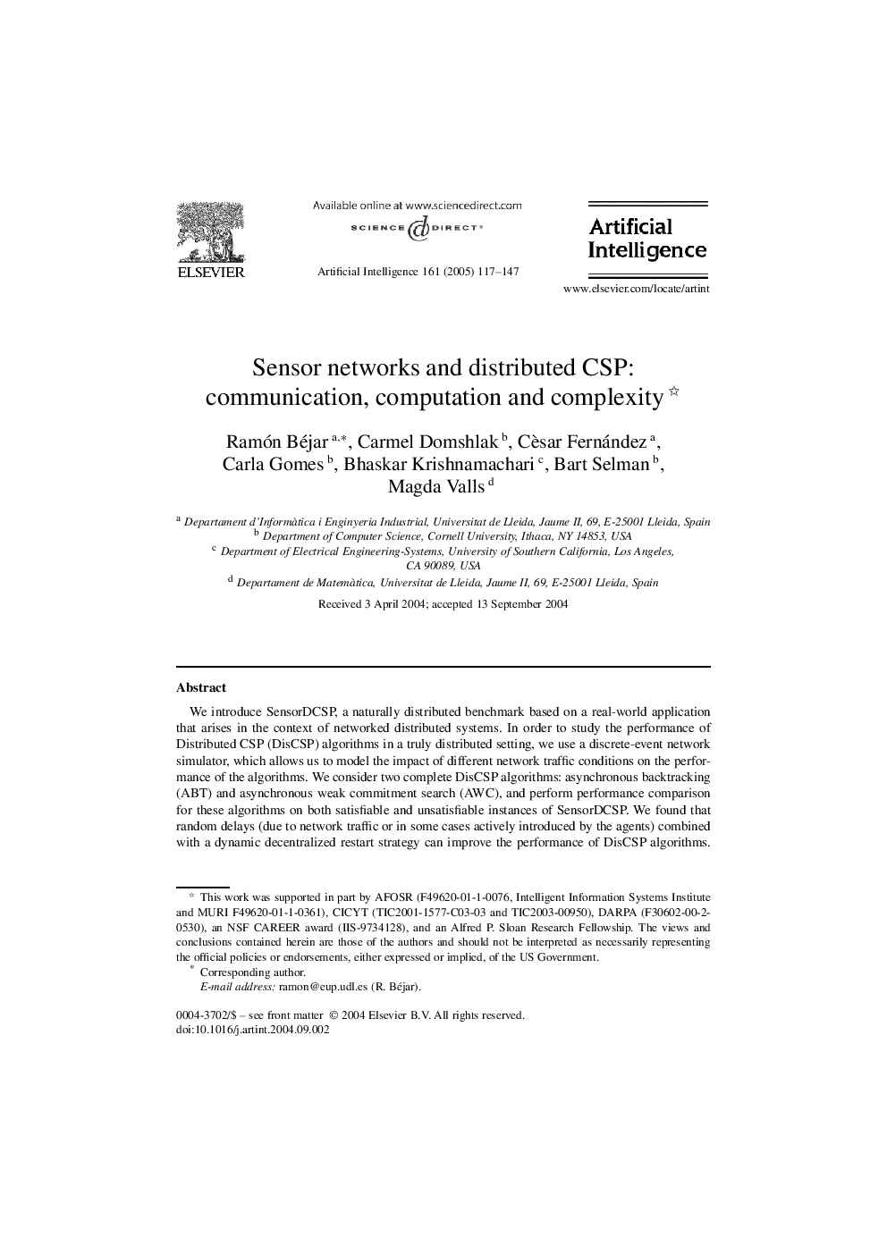 Sensor networks and distributed CSP: communication, computation and complexity