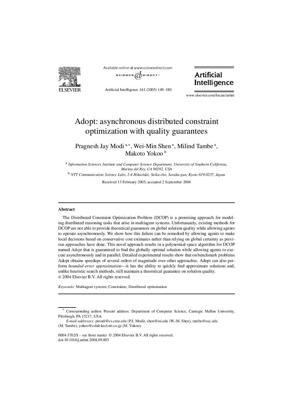 Adopt: asynchronous distributed constraint optimization with quality guarantees