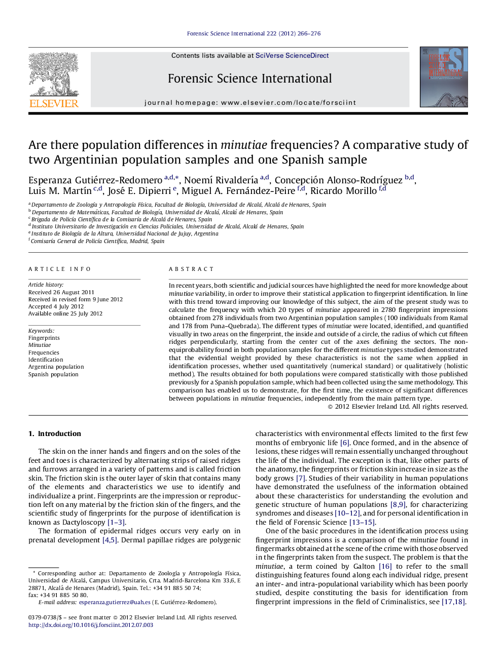 Are there population differences in minutiae frequencies? A comparative study of two Argentinian population samples and one Spanish sample