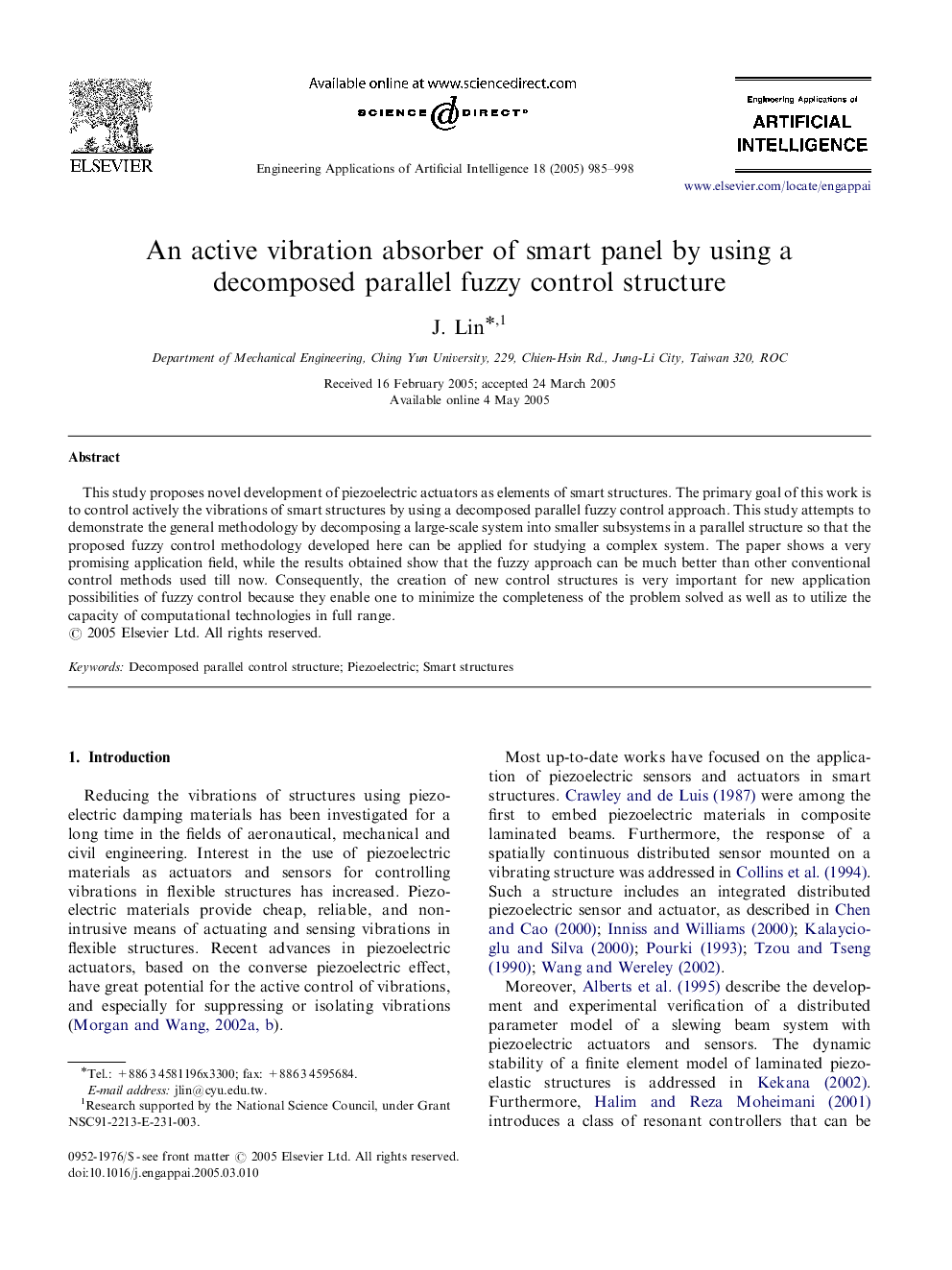 An active vibration absorber of smart panel by using a decomposed parallel fuzzy control structure