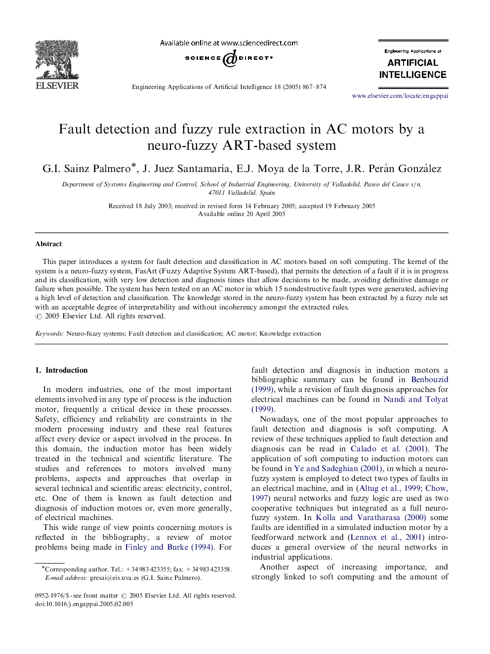 Fault detection and fuzzy rule extraction in AC motors by a neuro-fuzzy ART-based system