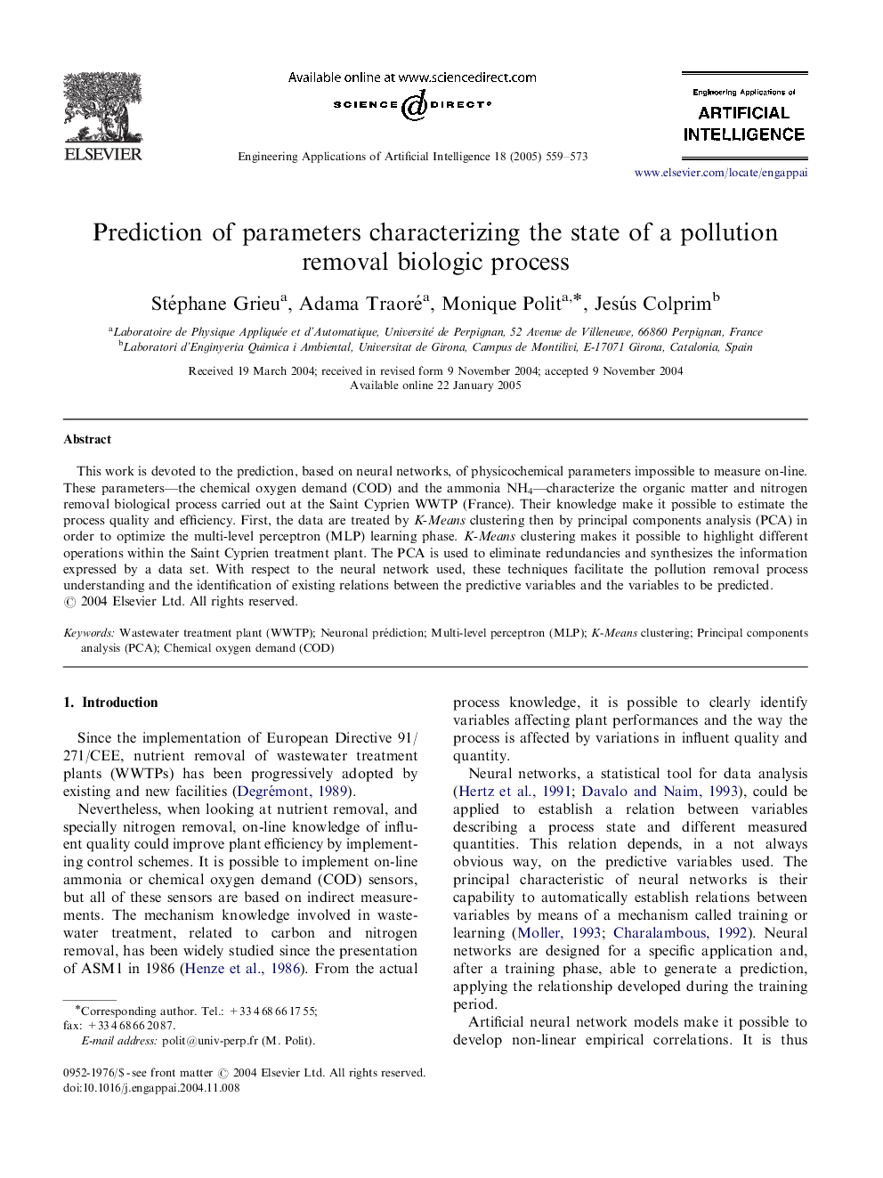 Prediction of parameters characterizing the state of a pollution removal biologic process