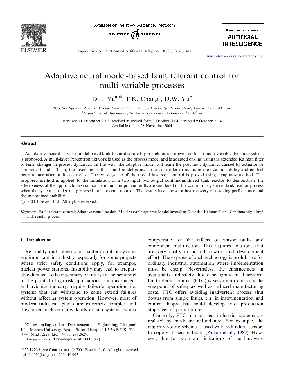 Adaptive neural model-based fault tolerant control for multi-variable processes