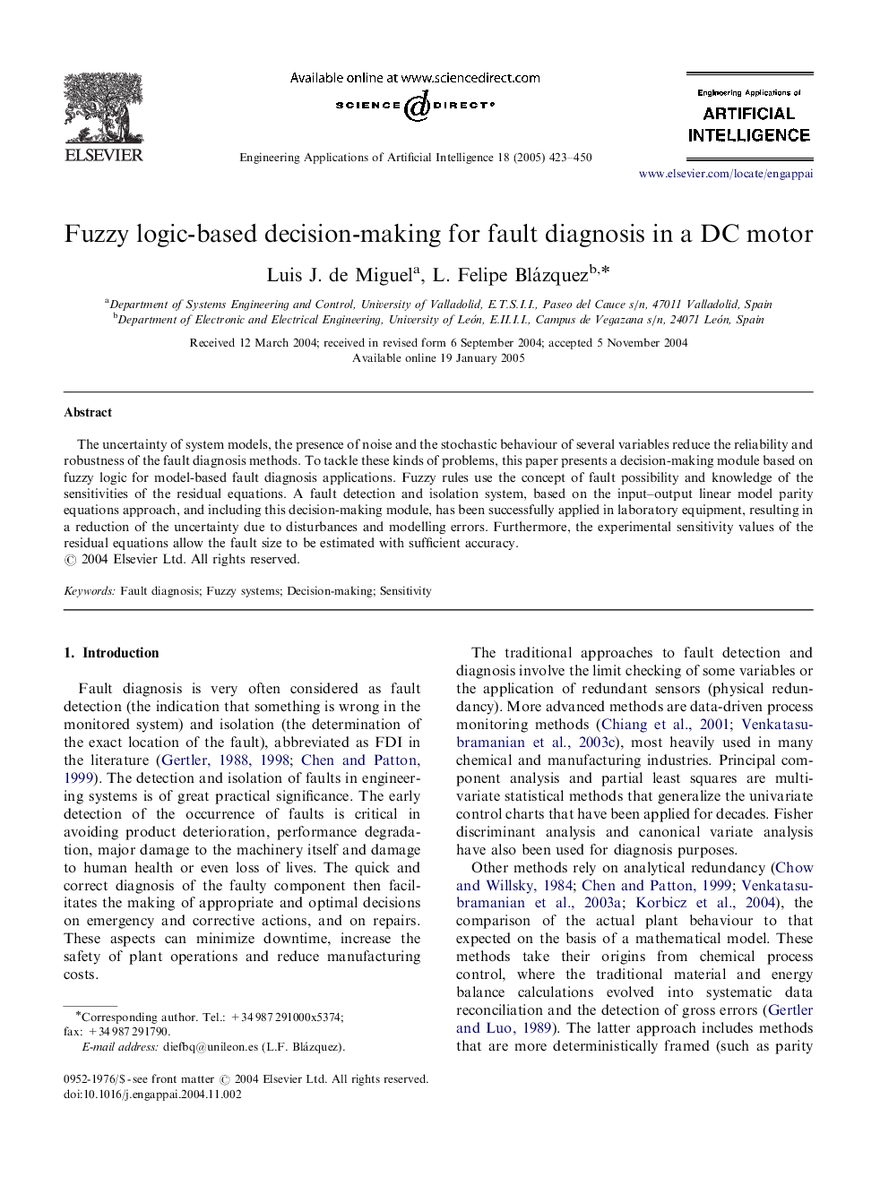 Fuzzy logic-based decision-making for fault diagnosis in a DC motor