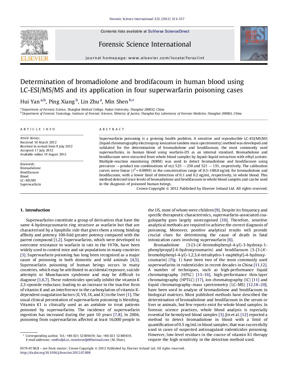 Determination of bromadiolone and brodifacoum in human blood using LC-ESI/MS/MS and its application in four superwarfarin poisoning cases