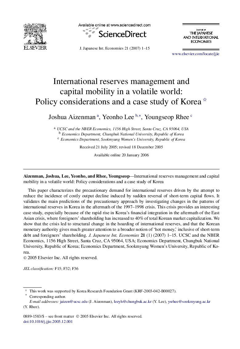 International reserves management and capital mobility in a volatile world: Policy considerations and a case study of Korea