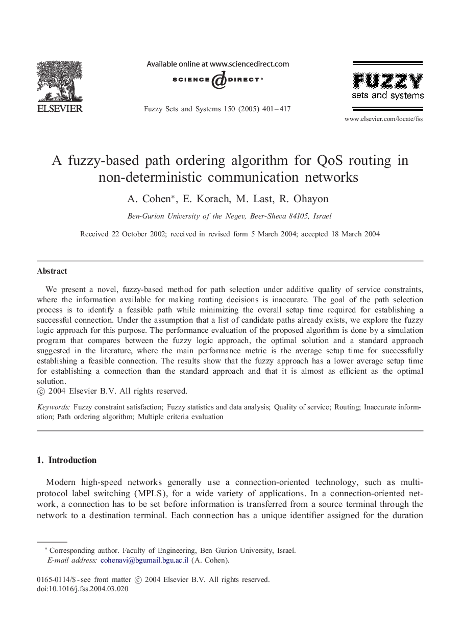 A fuzzy-based path ordering algorithm for QoS routing in non-deterministic communication networks