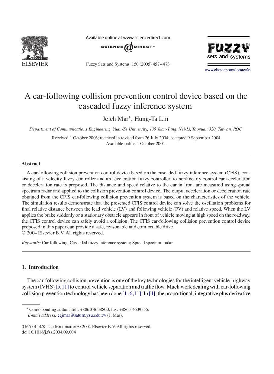 A car-following collision prevention control device based on the cascaded fuzzy inference system