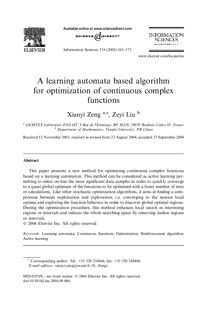 A learning automata based algorithm for optimization of continuous complex functions