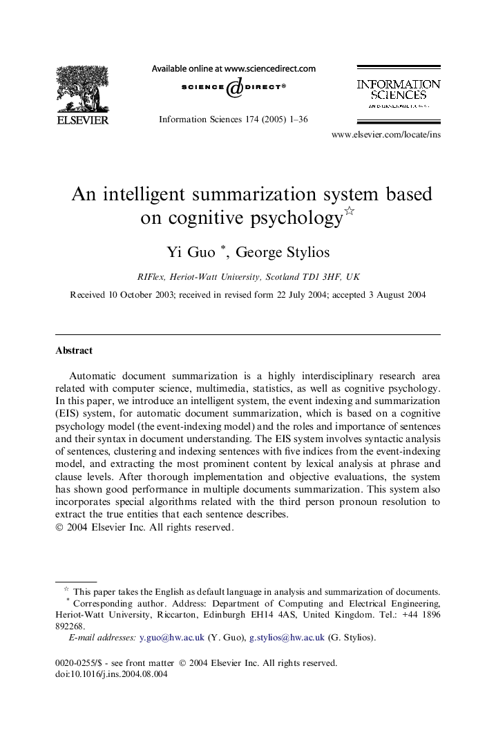 An intelligent summarization system based on cognitive psychology