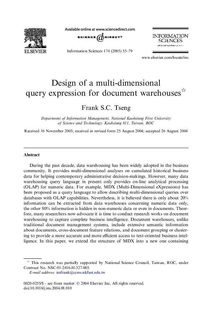 Design of a multi-dimensional query expression for document warehouses