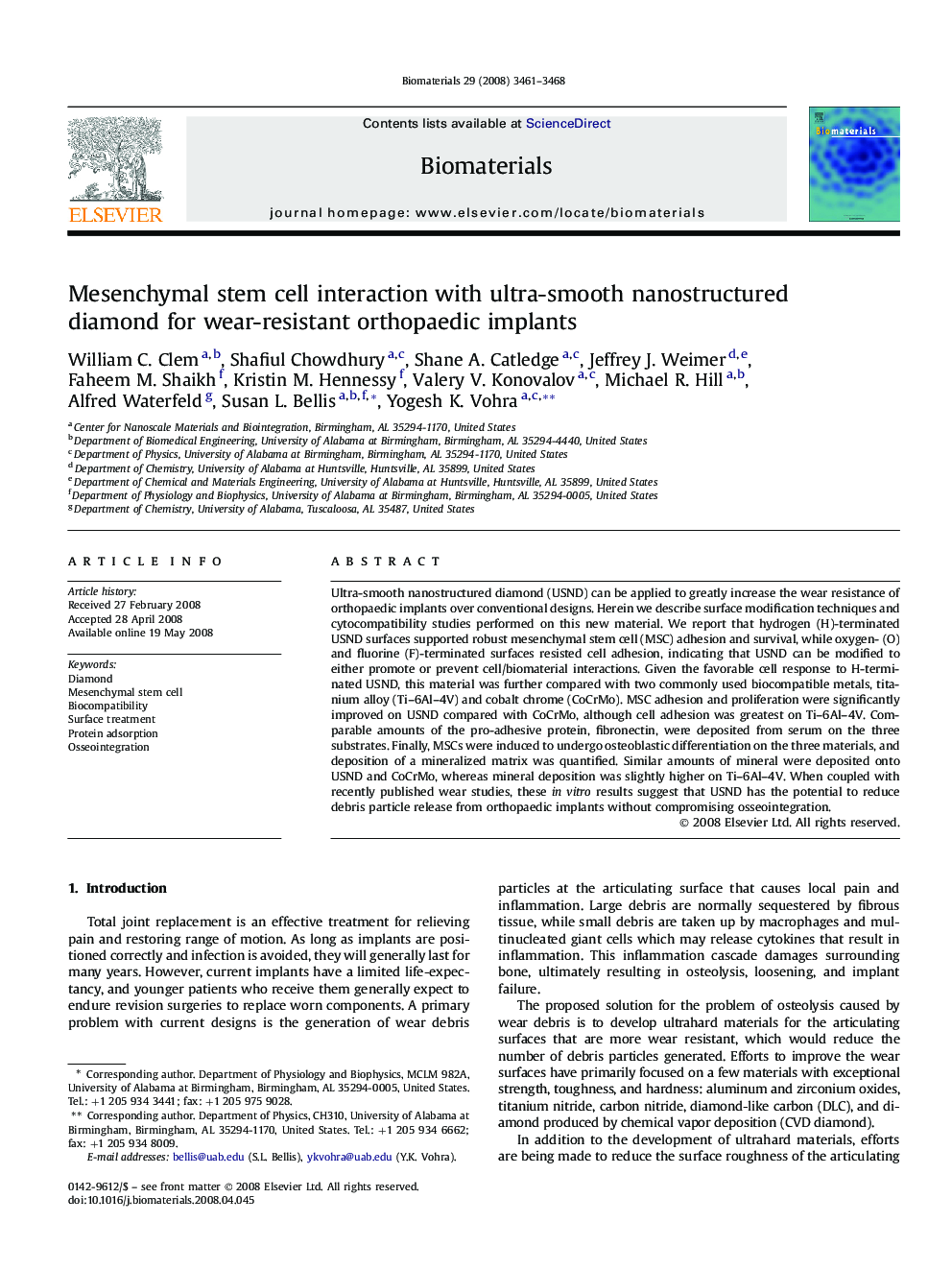 Mesenchymal stem cell interaction with ultra-smooth nanostructured diamond for wear-resistant orthopaedic implants