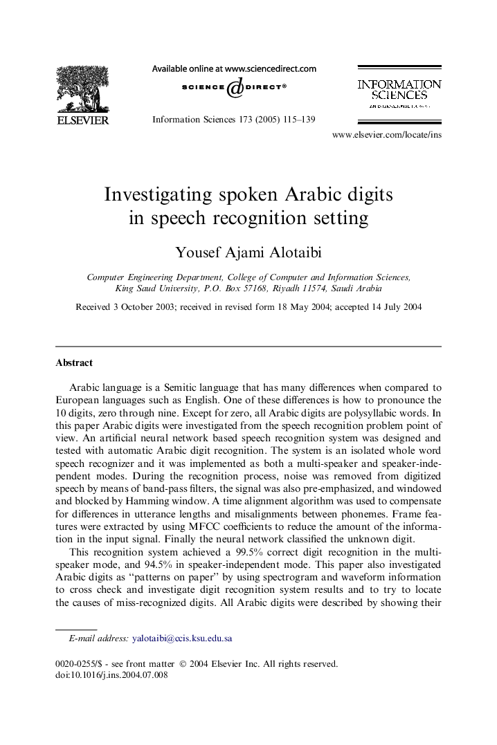 Investigating spoken Arabic digits in speech recognition setting