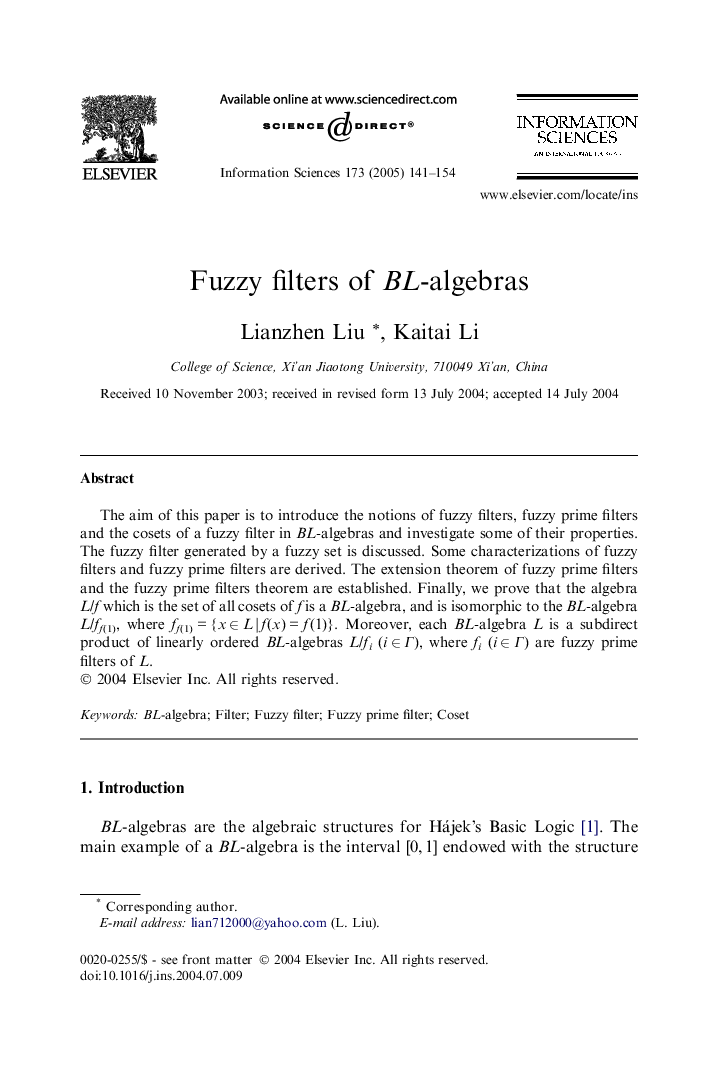 Fuzzy filters of BL-algebras