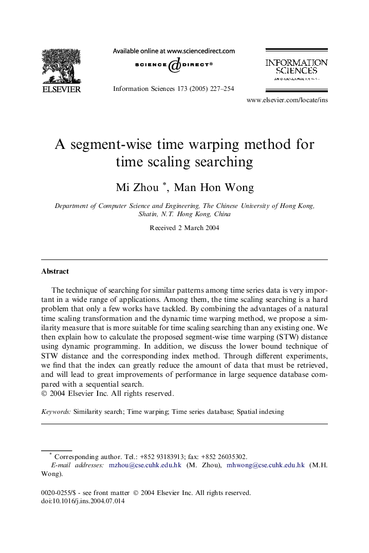 A segment-wise time warping method for time scaling searching