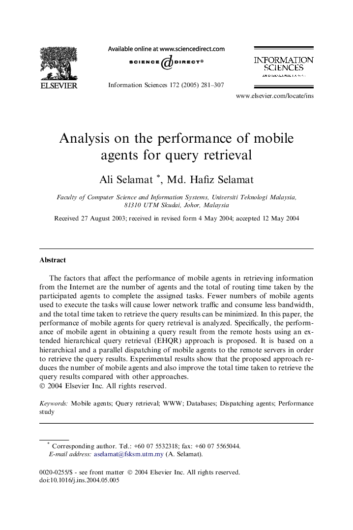 Analysis on the performance of mobile agents for query retrieval