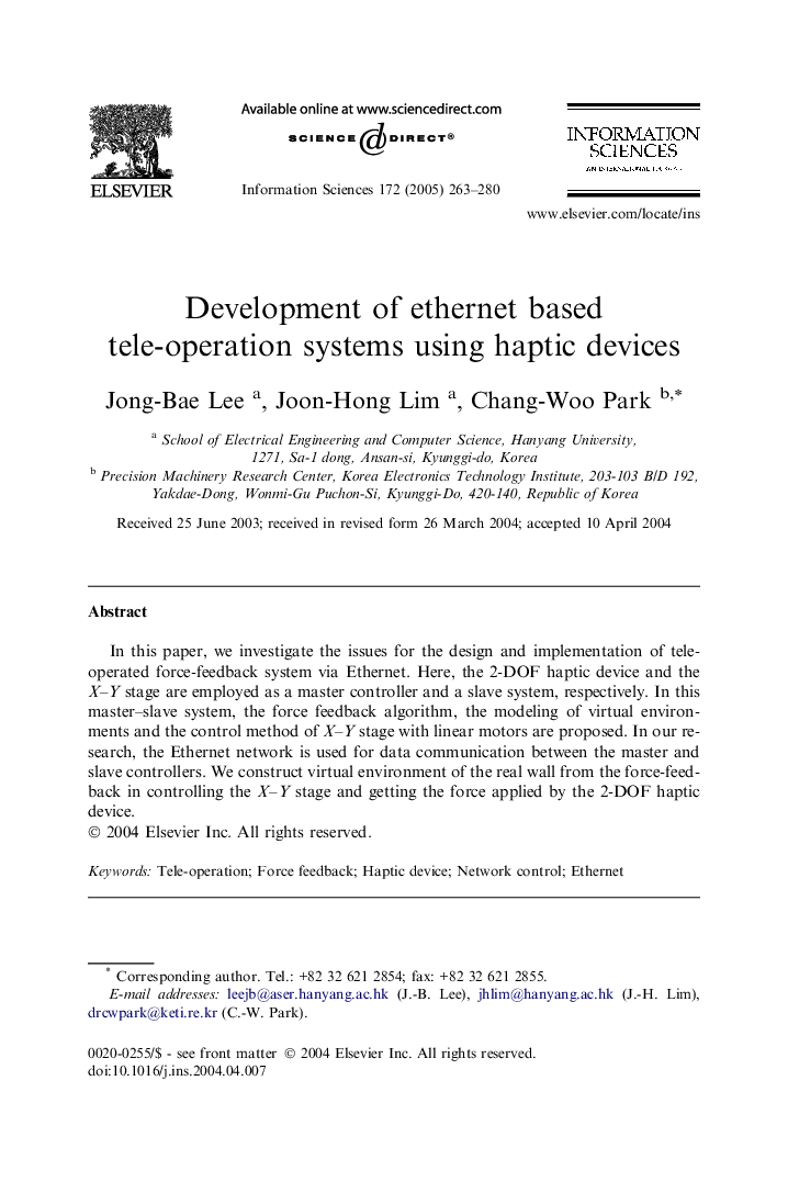 Development of ethernet based tele-operation systems using haptic devices