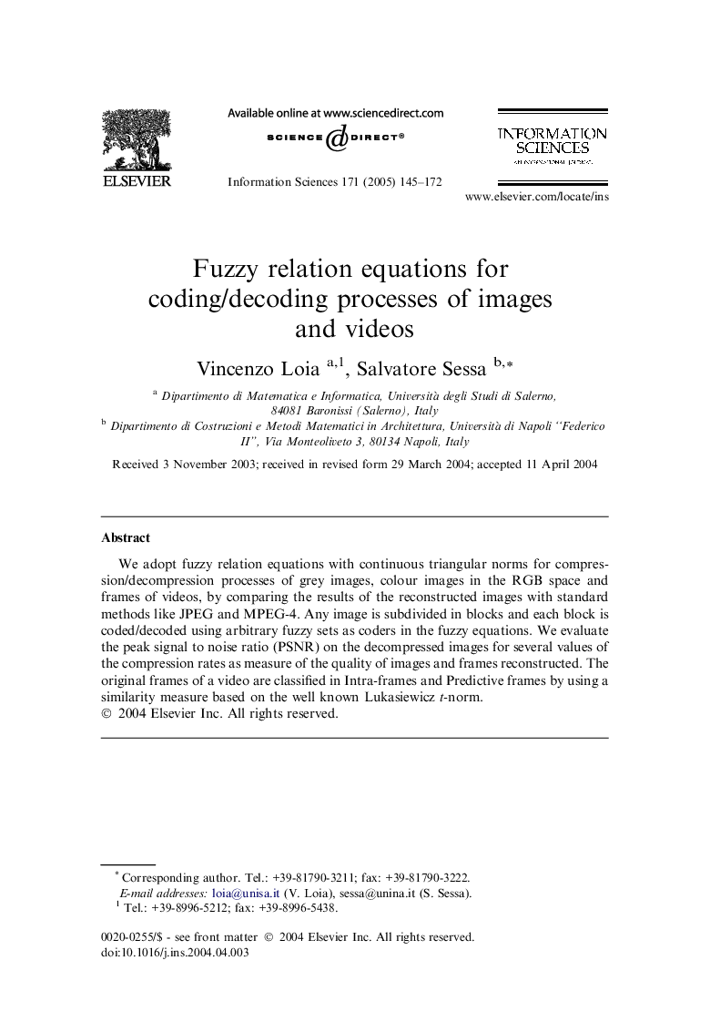 Fuzzy relation equations for coding/decoding processes of images and videos