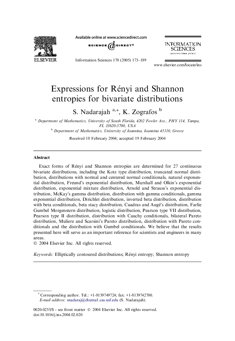 Expressions for Rényi and Shannon entropies for bivariate distributions