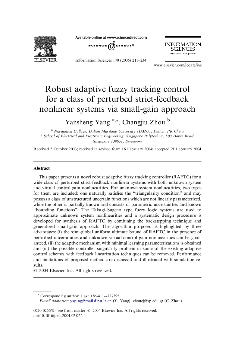 Robust adaptive fuzzy tracking control for a class of perturbed strict-feedback nonlinear systems via small-gain approach