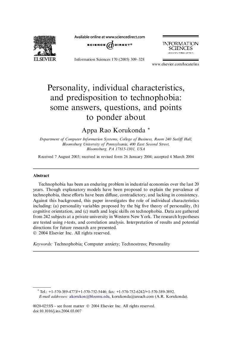 Personality, individual characteristics, and predisposition to technophobia: some answers, questions, and points to ponder about