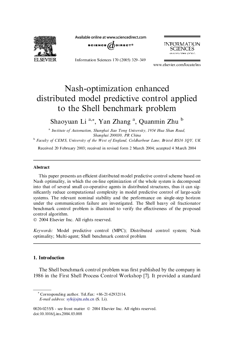 Nash-optimization enhanced distributed model predictive control applied to the Shell benchmark problem