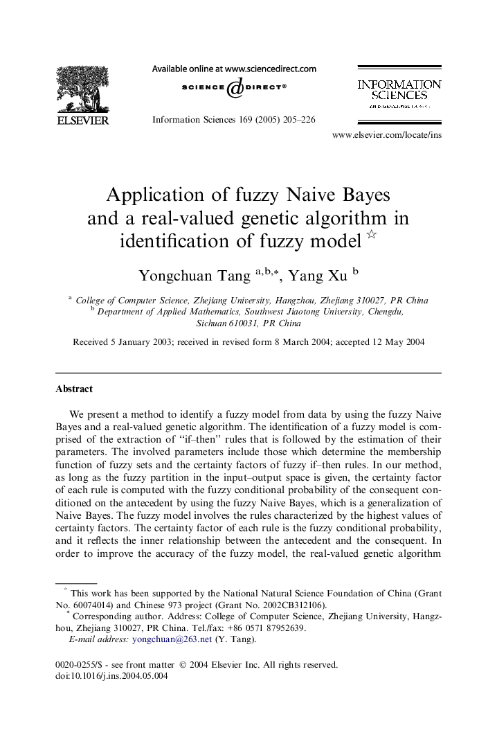 Application of fuzzy Naive Bayes and a real-valued genetic algorithm in identification of fuzzy model