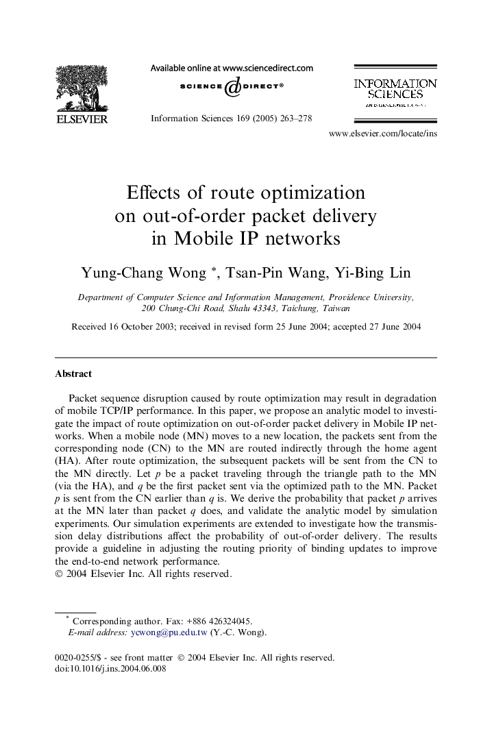 Effects of route optimization on out-of-order packet delivery in Mobile IP networks