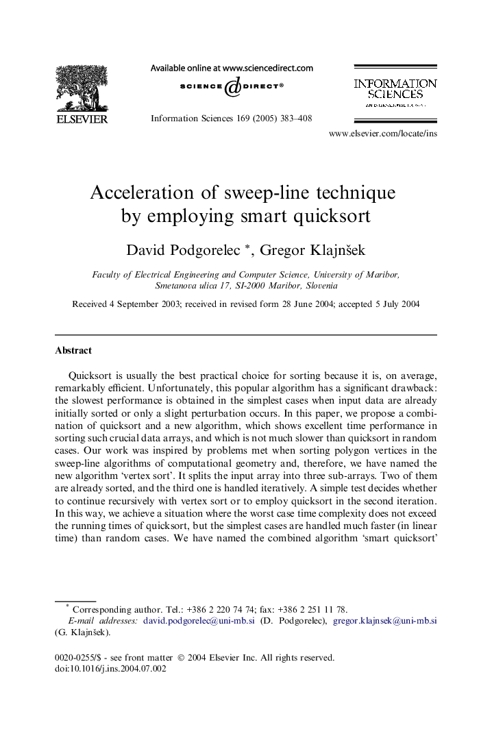 Acceleration of sweep-line technique by employing smart quicksort