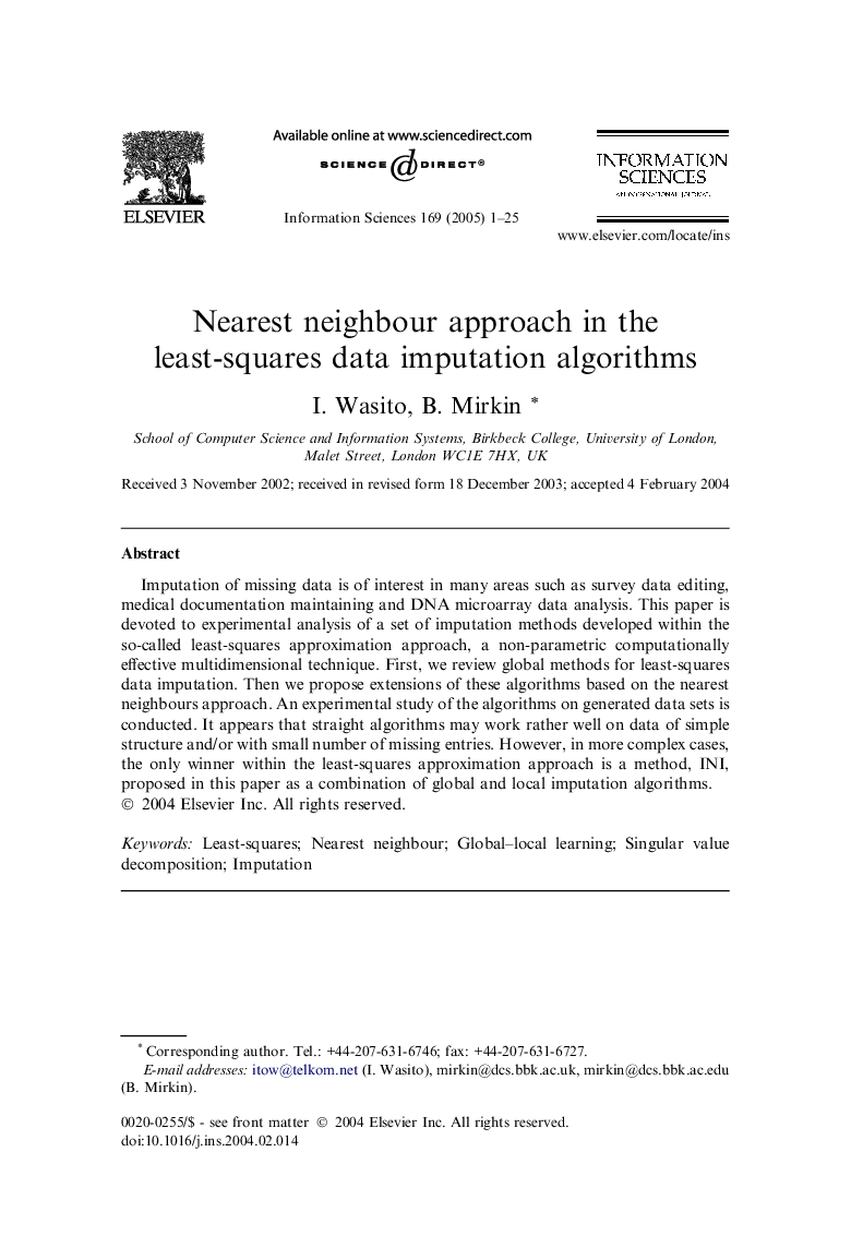 Nearest neighbour approach in the least-squares data imputation algorithms