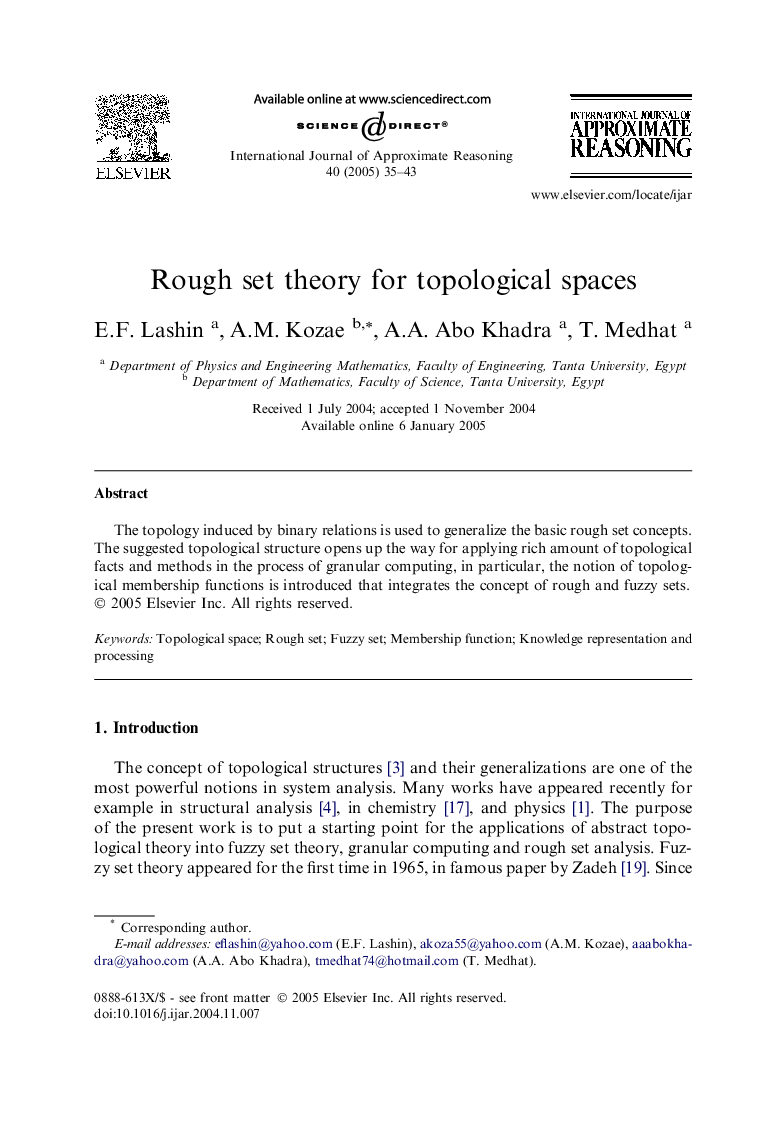 Rough set theory for topological spaces