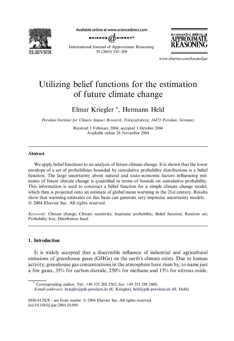 Utilizing belief functions for the estimation of future climate change