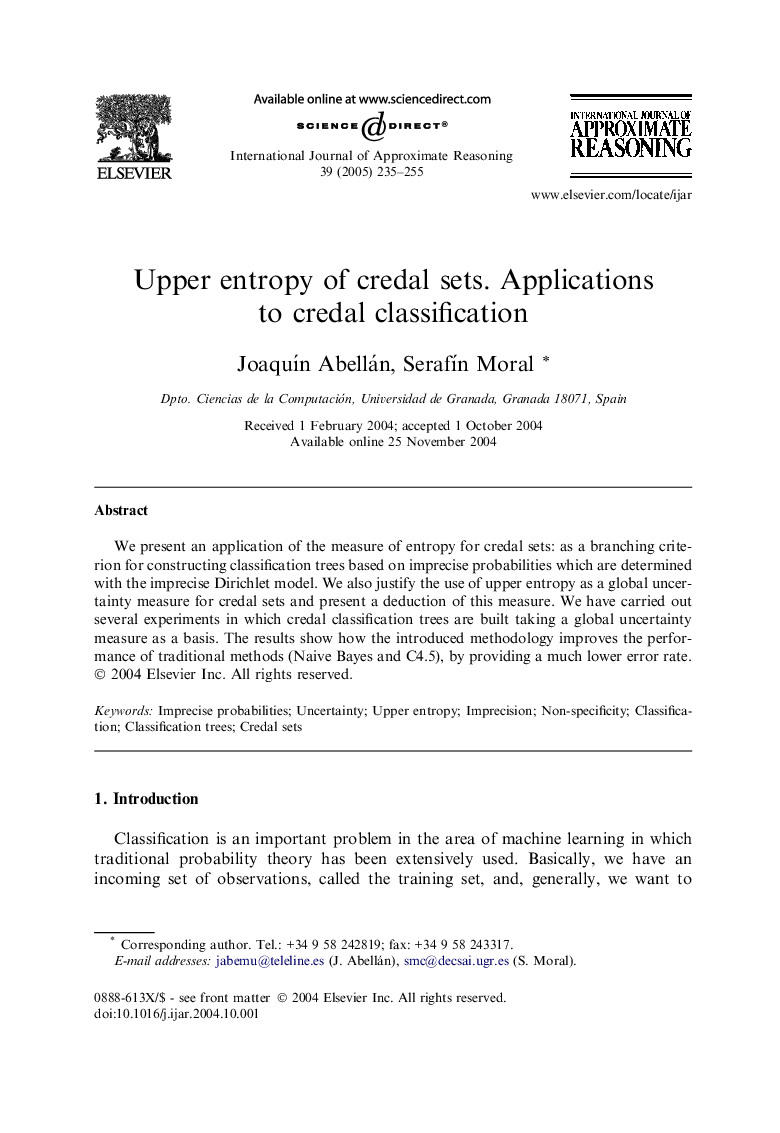 Upper entropy of credal sets. Applications to credal classification