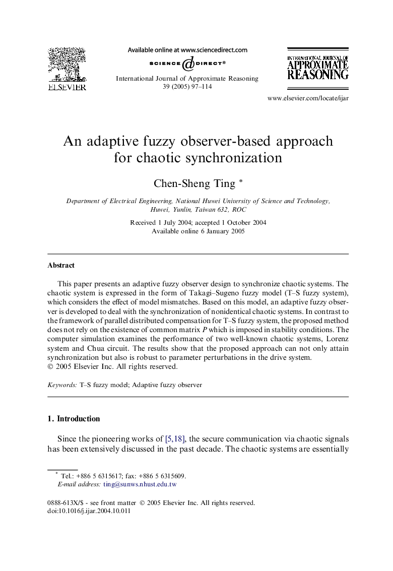 An adaptive fuzzy observer-based approach for chaotic synchronization