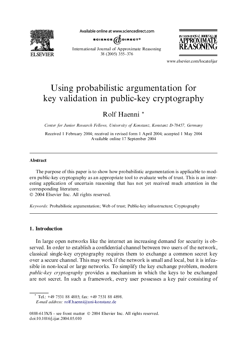 Using probabilistic argumentation for key validation in public-key cryptography