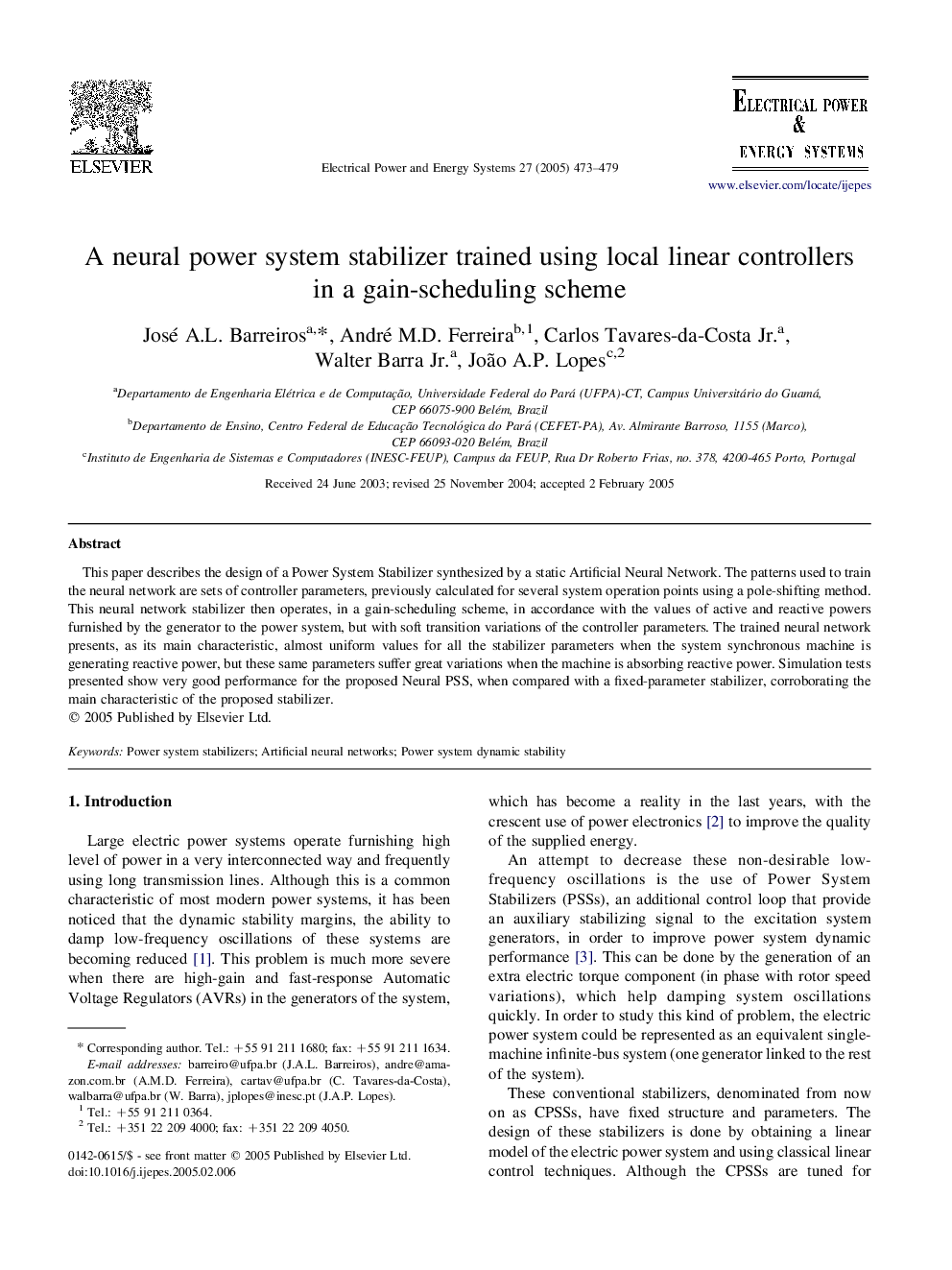 A neural power system stabilizer trained using local linear controllers in a gain-scheduling scheme