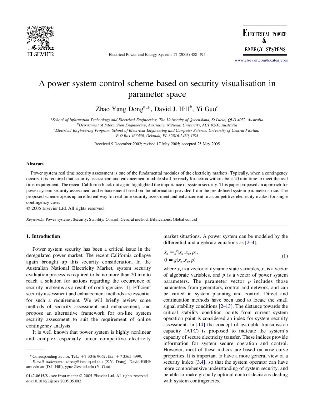 A power system control scheme based on security visualisation in parameter space