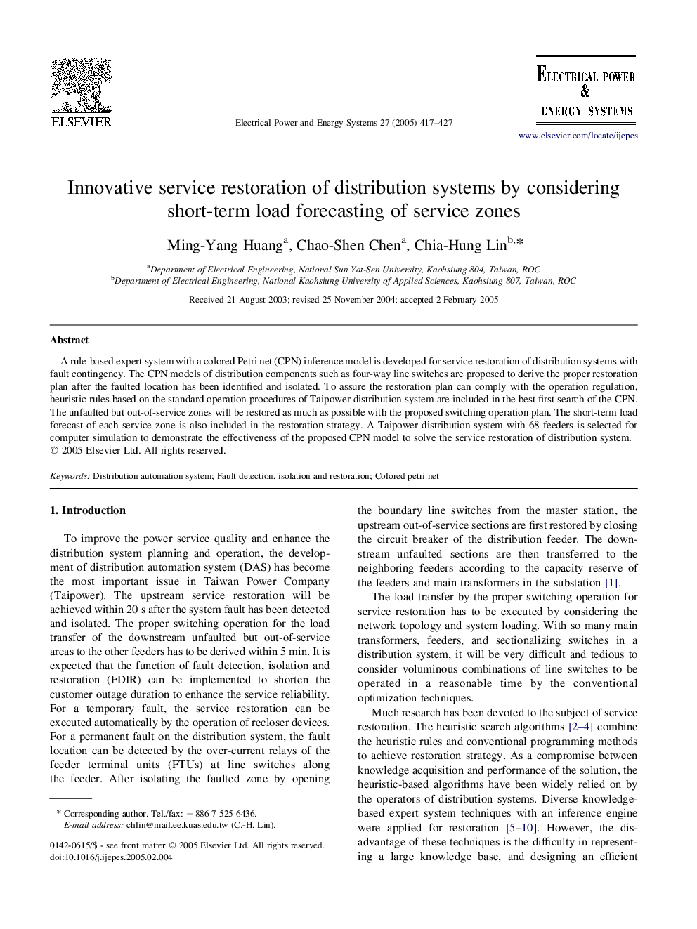 Innovative service restoration of distribution systems by considering short-term load forecasting of service zones