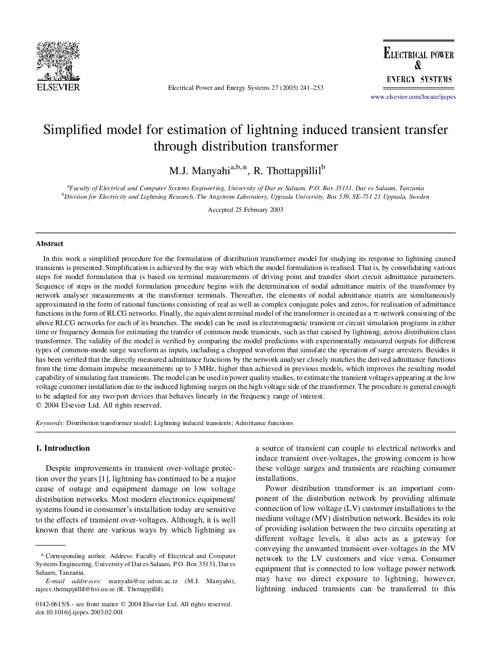 Simplified model for estimation of lightning induced transient transfer through distribution transformer