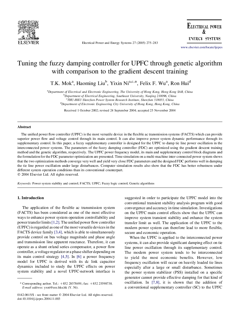 Tuning the fuzzy damping controller for UPFC through genetic algorithm with comparison to the gradient descent training