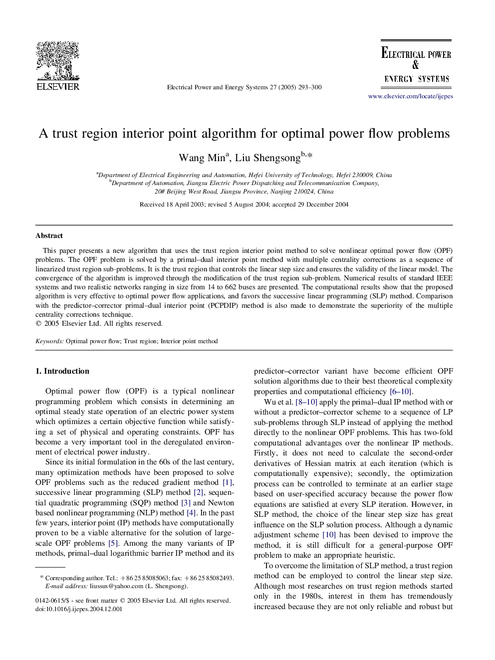 A trust region interior point algorithm for optimal power flow problems